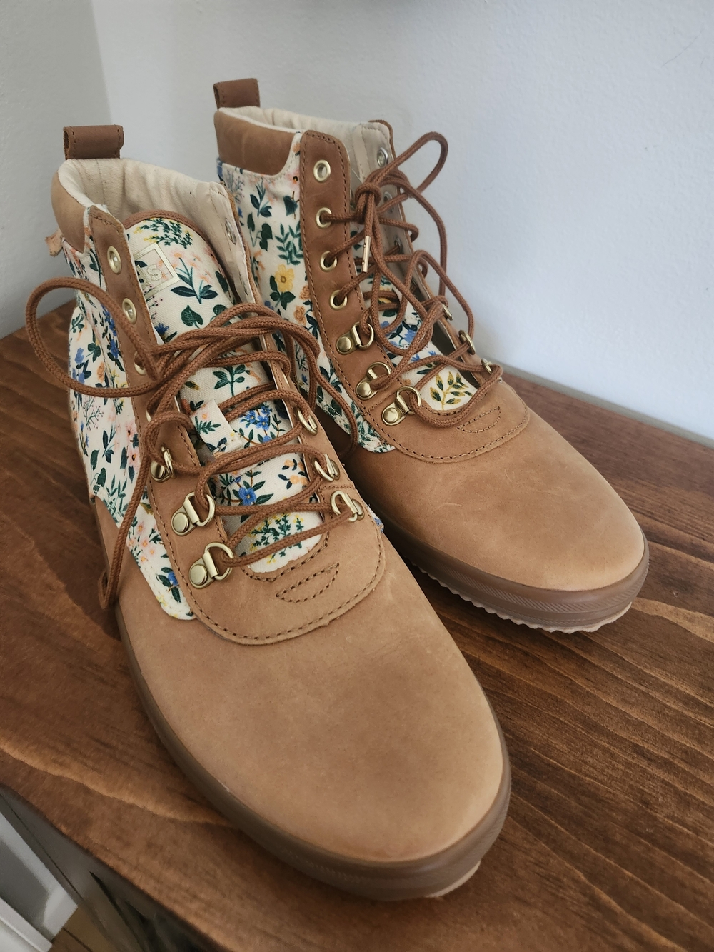 Keds Tan Floral-Panel Lace-Up Ankle Boots